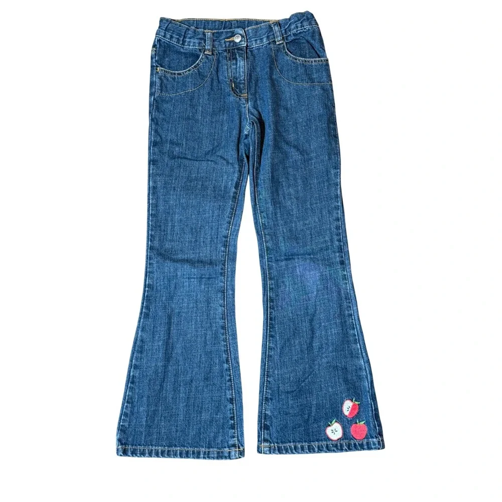 Gymboree Kids‎ Girls Size 7 Denim Jeans Flared Leg Apple Embroidered School Fall